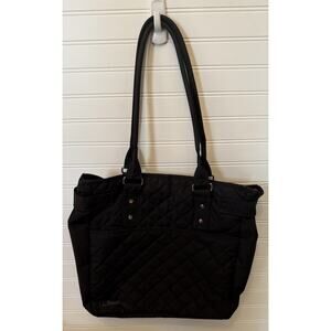 LL Bean Black Quilted Tote Hand Bag with Handles & Zip Closure